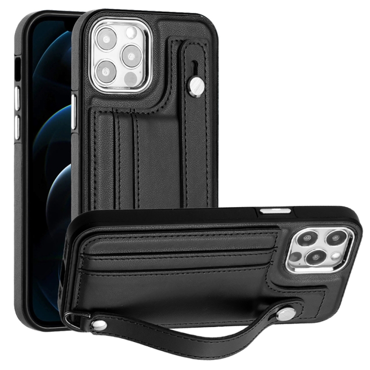 

For iPhone 12 / 12 Pro Shockproof Leather Phone Case with Wrist Strap(Black)