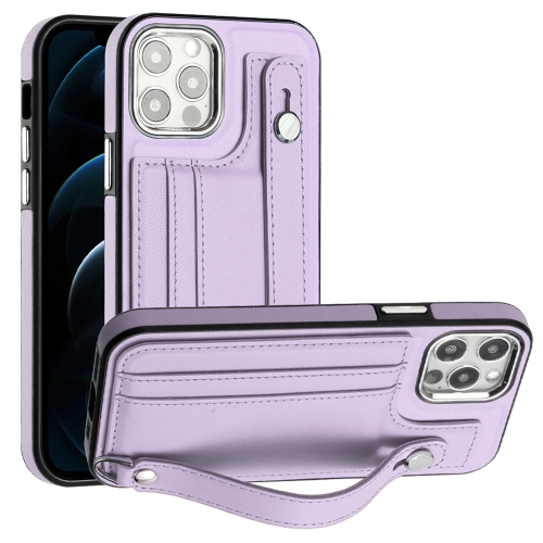 

For iPhone 12 Pro Max Shockproof Leather Phone Case with Wrist Strap(Purple)