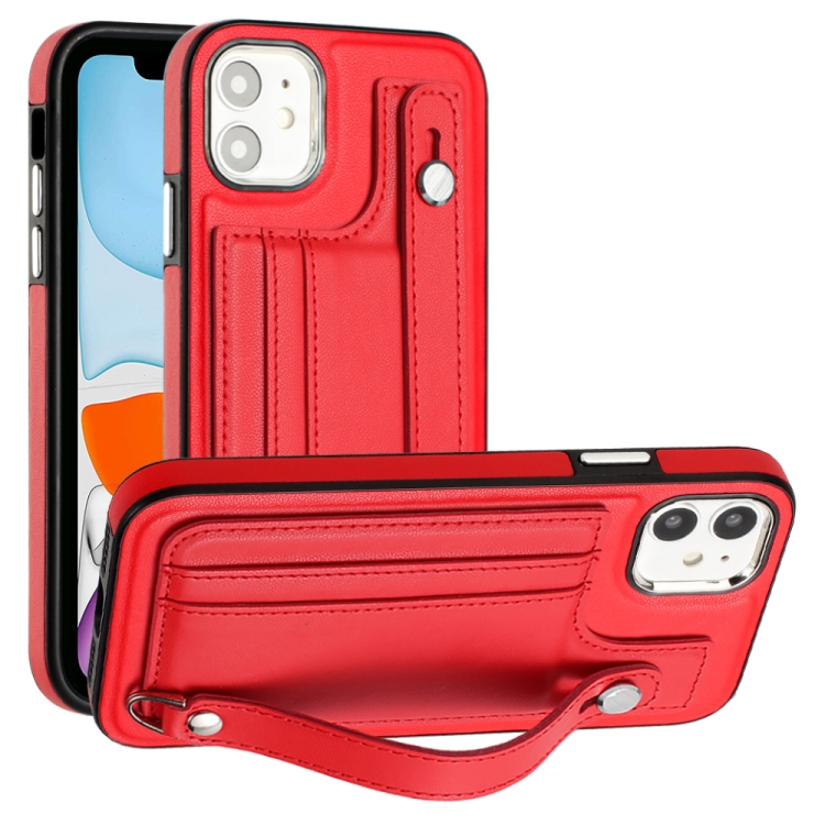 

For iPhone 11 Shockproof Leather Phone Case with Wrist Strap(Red)