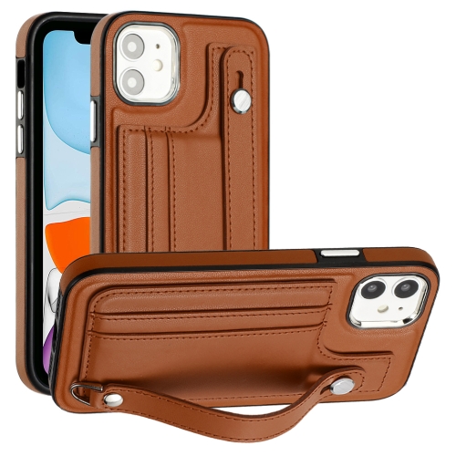 

For iPhone 11 Shockproof Leather Phone Case with Wrist Strap(Brown)