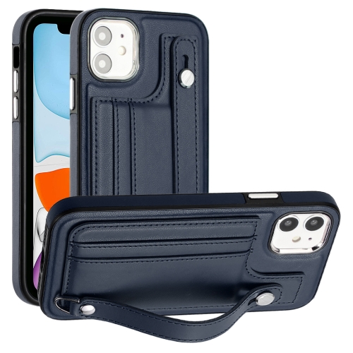 

For iPhone 11 Shockproof Leather Phone Case with Wrist Strap(Blue)