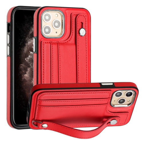 

For iPhone 11 Pro Shockproof Leather Phone Case with Wrist Strap(Red)