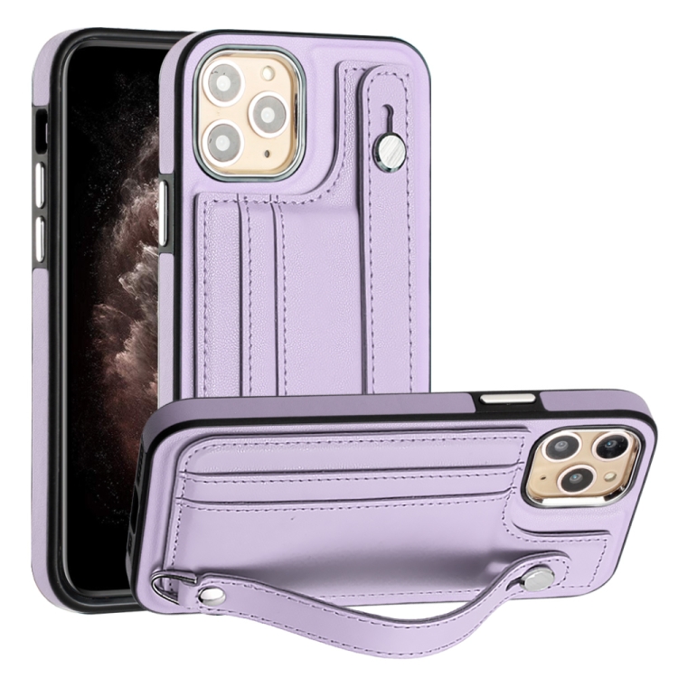 

For iPhone 11 Pro Shockproof Leather Phone Case with Wrist Strap(Purple)
