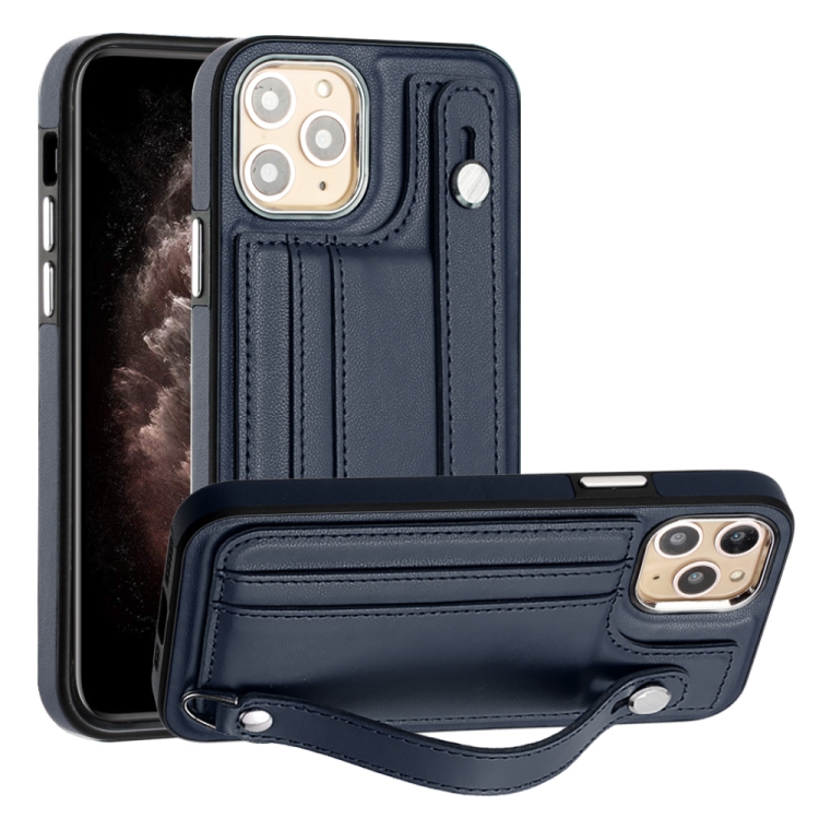 

For iPhone 11 Pro Shockproof Leather Phone Case with Wrist Strap(Blue)