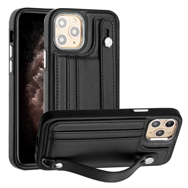 

For iPhone 11 Pro Shockproof Leather Phone Case with Wrist Strap(Black)