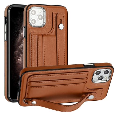 

For iPhone 11 Pro Max Shockproof Leather Phone Case with Wrist Strap(Brown)