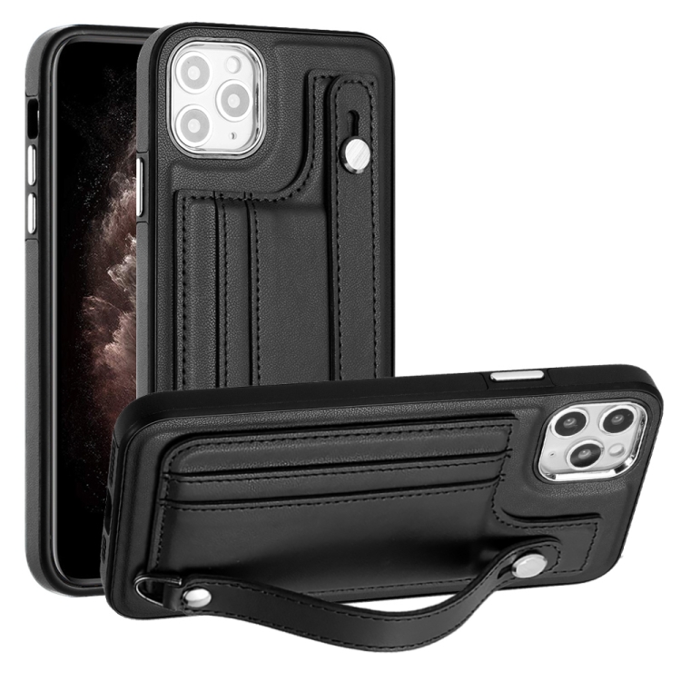 

For iPhone 11 Pro Max Shockproof Leather Phone Case with Wrist Strap(Black)