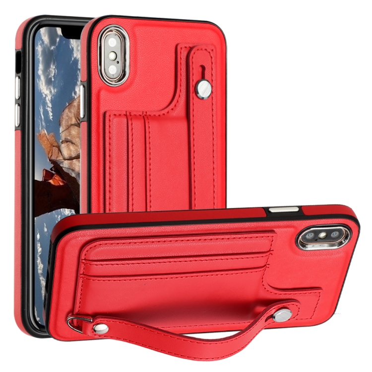 

For iPhone XS Max Shockproof Leather Phone Case with Wrist Strap(Red)