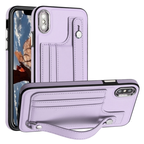 For iPhone XS Max Shockproof Leather Phone Case with Wrist Strap(Purple)
