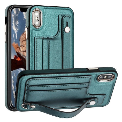 

For iPhone XS Max Shockproof Leather Phone Case with Wrist Strap(Green)