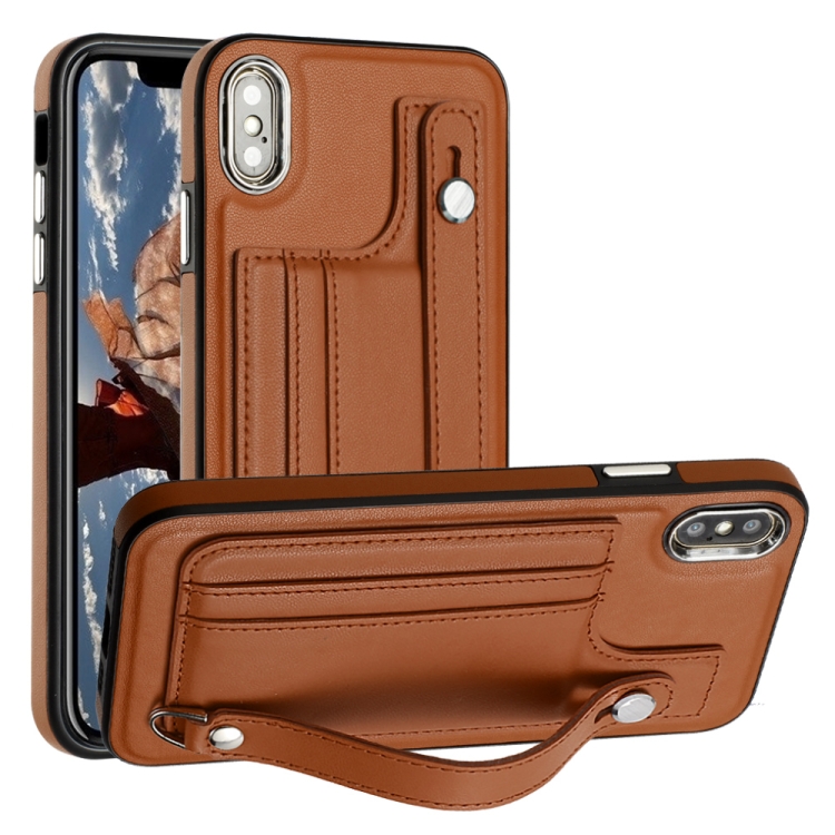 

For iPhone XS Max Shockproof Leather Phone Case with Wrist Strap(Brown)