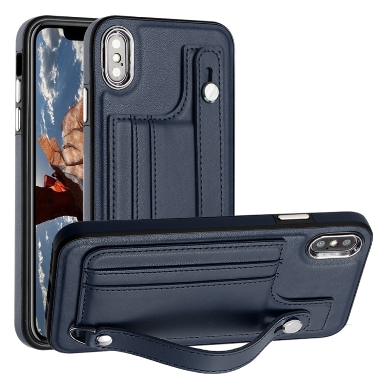 

For iPhone XS Max Shockproof Leather Phone Case with Wrist Strap(Blue)