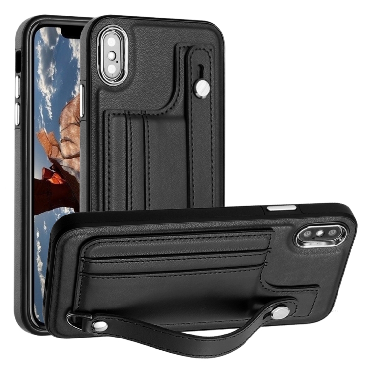 

For iPhone XS Max Shockproof Leather Phone Case with Wrist Strap(Black)