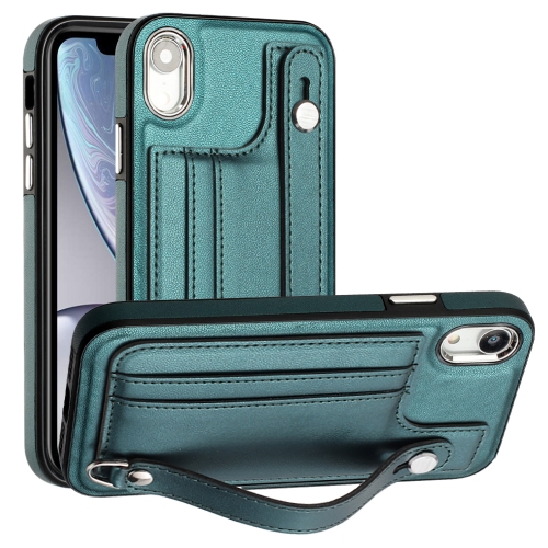 

For iPhone XR Shockproof Leather Phone Case with Wrist Strap(Green)