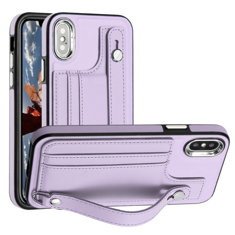 

For iPhone X / XS Shockproof Leather Phone Case with Wrist Strap(Purple)
