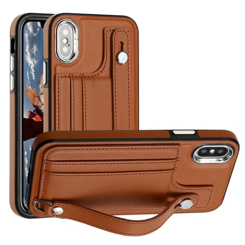 

For iPhone X / XS Shockproof Leather Phone Case with Wrist Strap(Brown)