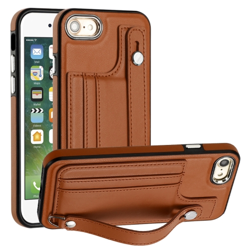 

For iPhone SE 2022/SE 2020/6/7/8 Shockproof Leather Phone Case with Wrist Strap(Brown)