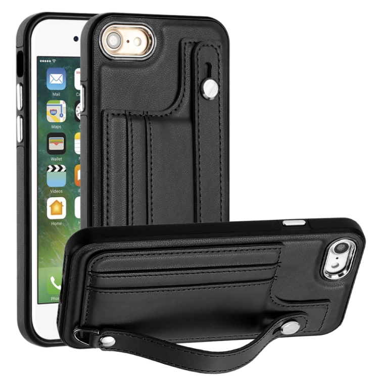 

For iPhone SE 2022/SE 2020/6/7/8 Shockproof Leather Phone Case with Wrist Strap(Black)