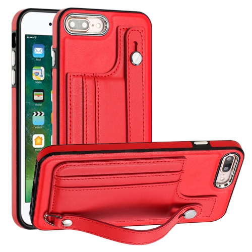 

For iPhone 6 Plus/7 Plus/8 Plus Shockproof Leather Phone Case with Wrist Strap(Red)