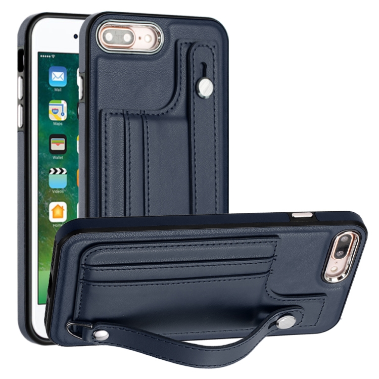 

For iPhone 6 Plus/7 Plus/8 Plus Shockproof Leather Phone Case with Wrist Strap(Blue)