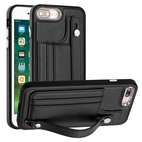 

For iPhone 6 Plus/7 Plus/8 Plus Shockproof Leather Phone Case with Wrist Strap(Black)