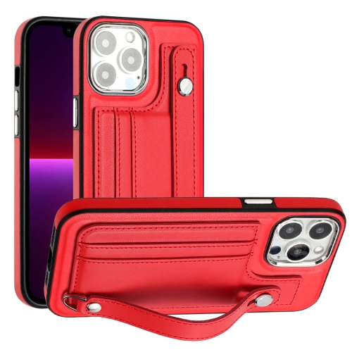 For iPhone 15 Pro Max Shockproof Leather Phone Case with Wrist Strap(Red)