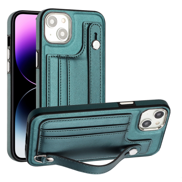 

For iPhone 15 Plus Shockproof Leather Phone Case with Wrist Strap(Green)