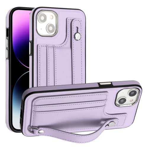 For iPhone 15 Shockproof Leather Phone Case with Wrist Strap(Purple)