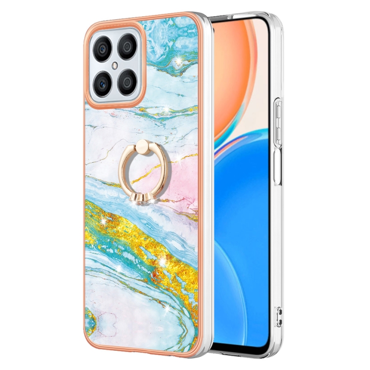 

For Honor X8 4G Electroplating Marble IMD TPU Phone Case with Ring Holder(Green 004)