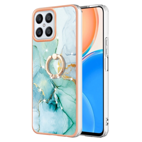 

For Honor X8 4G Electroplating Marble IMD TPU Phone Case with Ring Holder(Green 003)