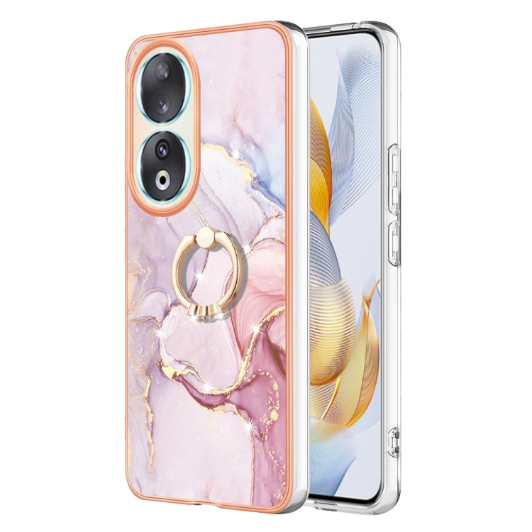 

For Honor 90 5G Electroplating Marble IMD TPU Phone Case with Ring Holder(Rose Gold 005)