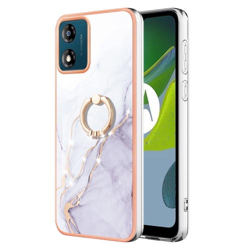 

For Motorola Moto E13 Electroplating Marble IMD TPU Phone Case with Ring Holder(White 006)