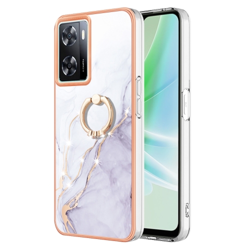 

For OPPO A57 4G/A77 5G Taiwan/K10 5G Global Electroplating Marble IMD TPU Phone Case with Ring Holder(White 006)