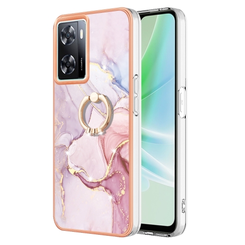 

For OPPO A57 4G/A77 5G Taiwan/K10 5G Global Electroplating Marble IMD TPU Phone Case with Ring Holder(Rose Gold 005)