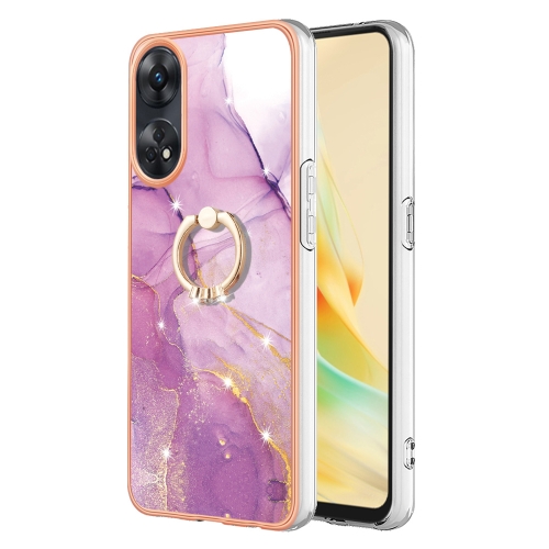 

For OPPO Reno8 T 4G Electroplating Marble IMD TPU Phone Case with Ring Holder(Purple 001)