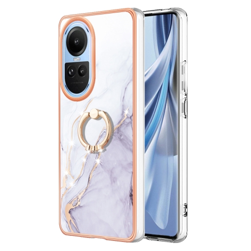 

For OPPO Reno10 5G Global Electroplating Marble IMD TPU Phone Case with Ring Holder(White 006)