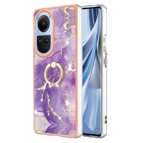 

For OPPO Reno10 5G Global Electroplating Marble IMD TPU Phone Case with Ring Holder(Purple 002)