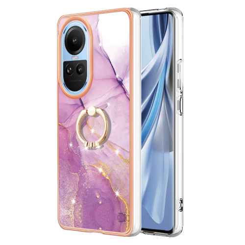 

For OPPO Reno10 5G Global Electroplating Marble IMD TPU Phone Case with Ring Holder(Purple 001)
