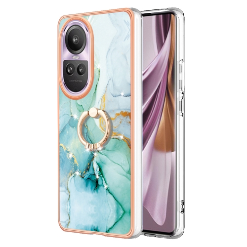 

For OPPO Reno10 Pro 5G Global Electroplating Marble IMD TPU Phone Case with Ring Holder(Green 003)