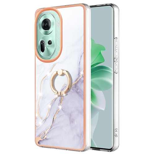 

For OPPO Reno11 5G Global Electroplating Marble IMD TPU Phone Case with Ring Holder(White 006)