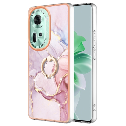 

For OPPO Reno11 5G Global Electroplating Marble IMD TPU Phone Case with Ring Holder(Rose Gold 005)