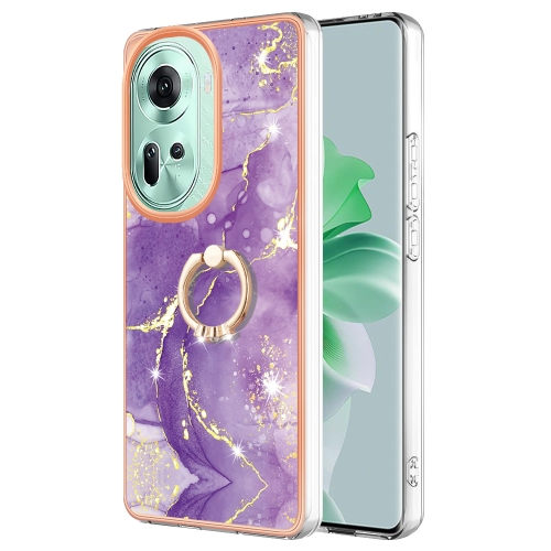 

For OPPO Reno11 5G Global Electroplating Marble IMD TPU Phone Case with Ring Holder(Purple 002)