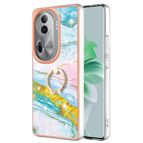 

For OPPO Reno11 Pro 5G Global Electroplating Marble IMD TPU Phone Case with Ring Holder(Green 004)