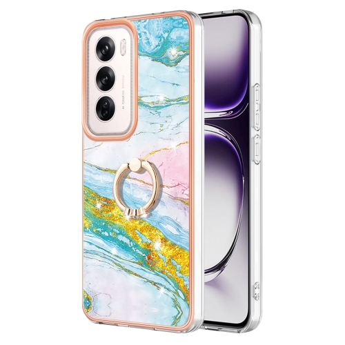 

For OPPO Reno12 Global Electroplating Marble IMD TPU Phone Case with Ring Holder(Green 004)