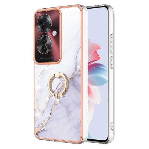 

For OPPO Reno11 F 5G Global Electroplating Marble IMD TPU Phone Case with Ring Holder(White 006)