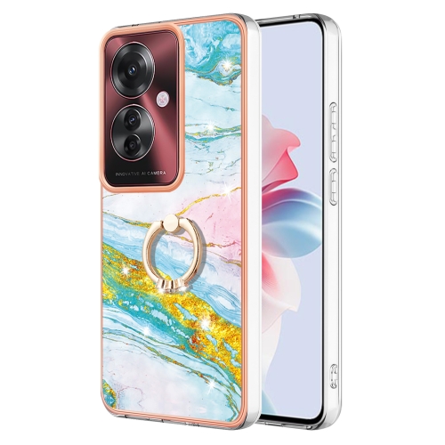 

For OPPO Reno11 F 5G Global Electroplating Marble IMD TPU Phone Case with Ring Holder(Green 004)