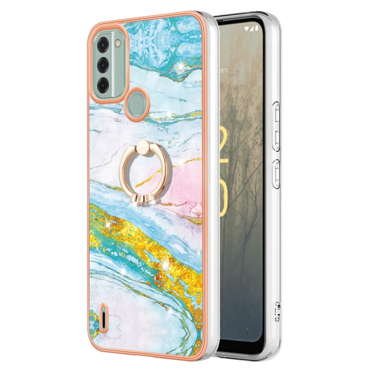 

For Nokia C31 Electroplating Marble IMD TPU Phone Case with Ring Holder(Green 004)