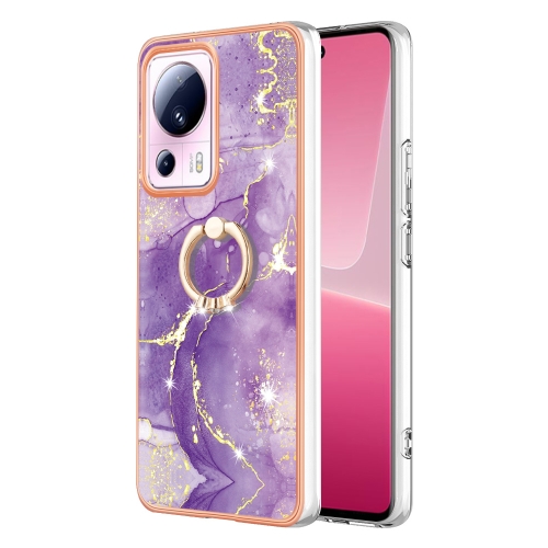 

For Xiaomi 13 Lite 5G Electroplating Marble IMD TPU Phone Case with Ring Holder(Purple 002)