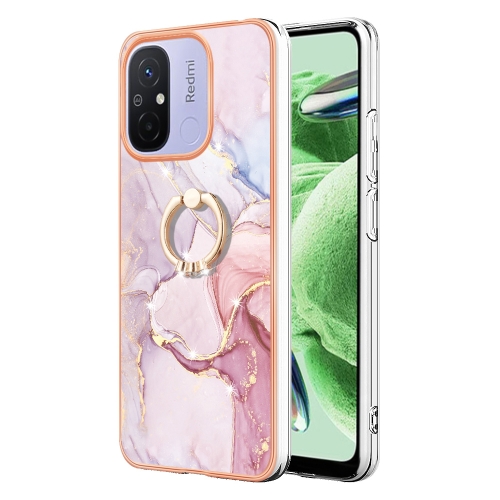 

For Xiaomi Redmi 12C / 11A 4G Global Electroplating Marble IMD TPU Phone Case with Ring Holder(Rose Gold 005)