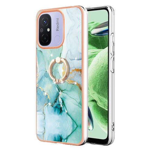 

For Xiaomi Redmi 12C / 11A 4G Global Electroplating Marble IMD TPU Phone Case with Ring Holder(Green 003)